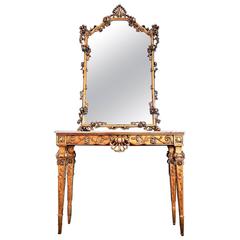 Italian Giltwood and Marble Console Table with Mirror in Rococo Style, 1950s