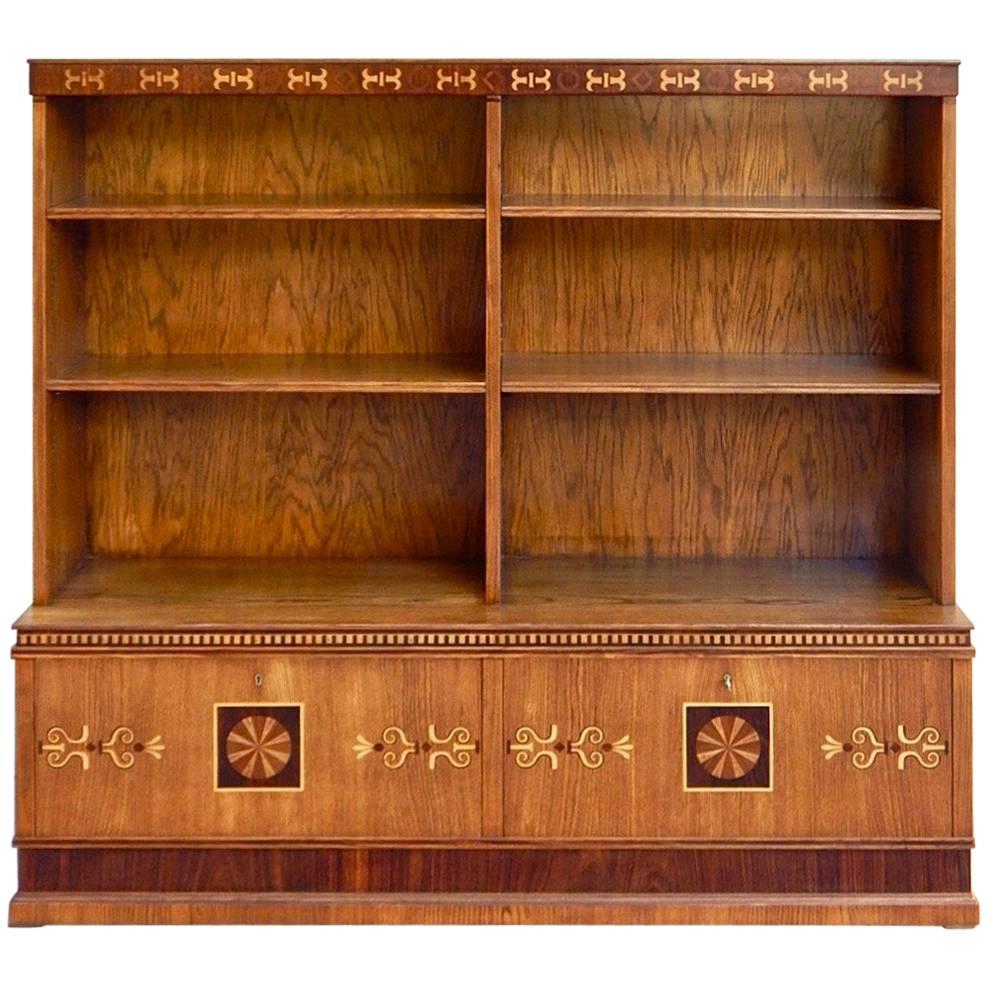 Late Arts and Crafts Inlaid Bookcase in Elm and Rosewood, Sweden, 1920
