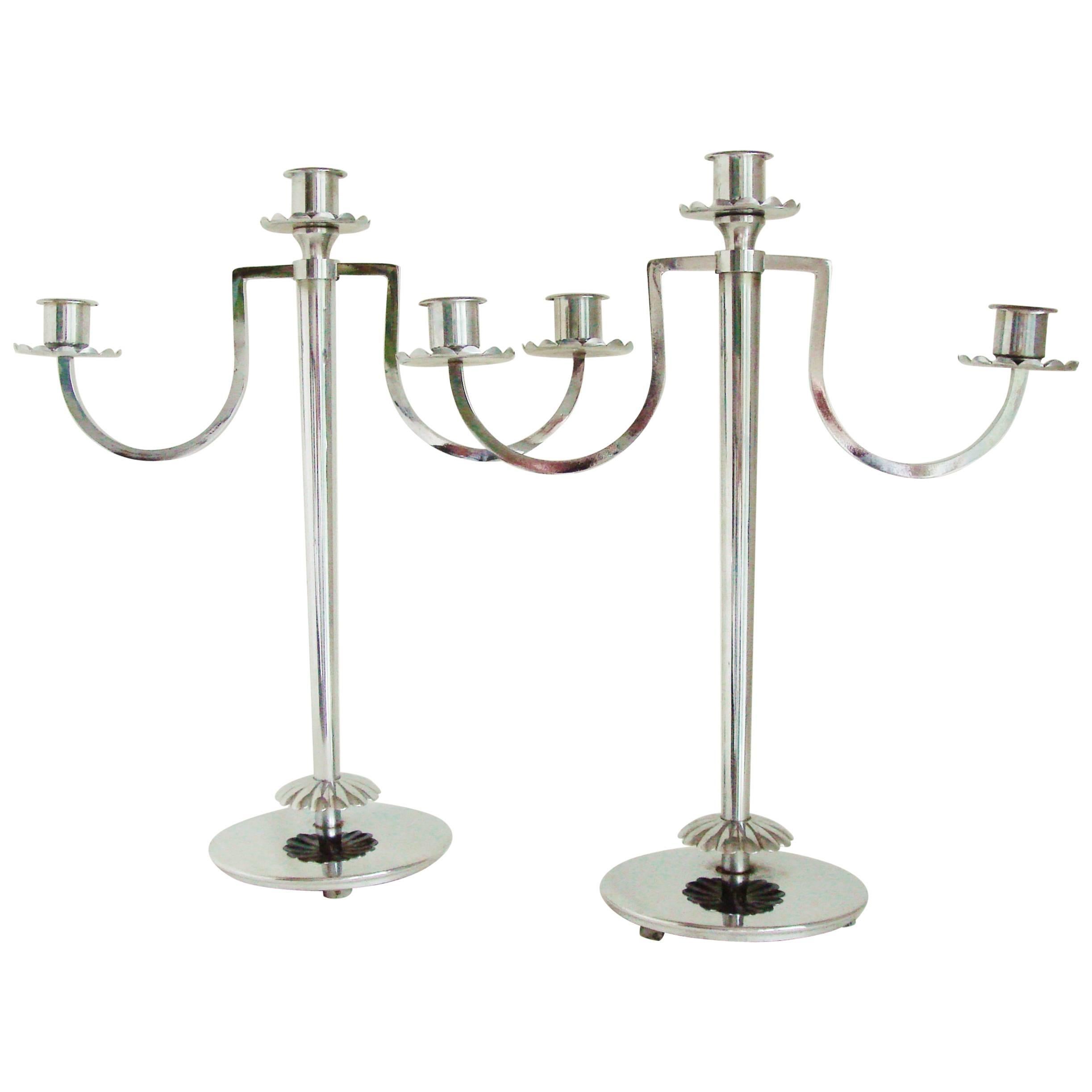 Pair of American Art Deco Chrome Diana Candleholders by Harry Laylon for Chase For Sale