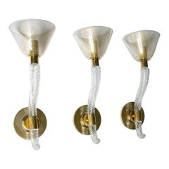 Set of Three Italian Murano Glass Torchiere Sconces in Clear and Gold
