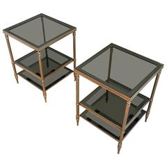 Pair of Jensen Style French Brass and Grey Glass End Tables