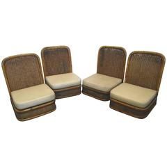 Retro Set of Four Folding Chairs Wicker and Bamboo, 1960