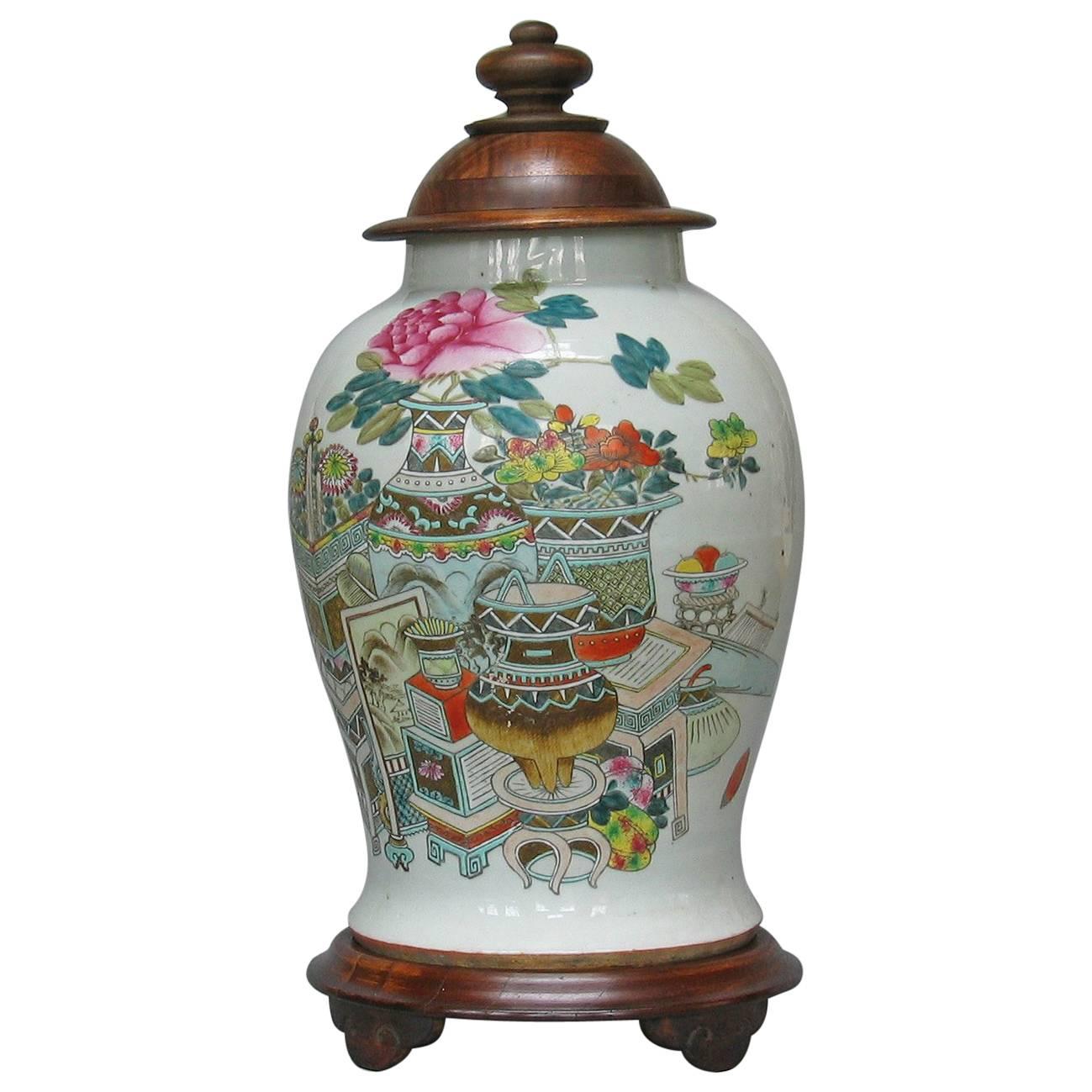 Late Qing Dynasty Large Baluster Famille Rose "Hundred Antiques" Jar For Sale