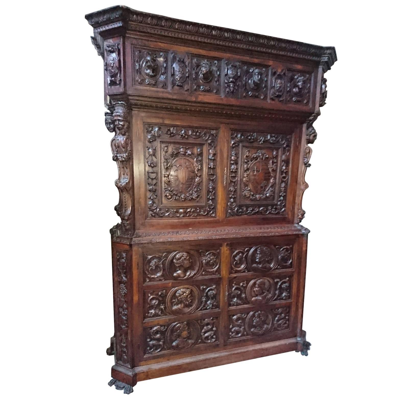 19th Century Impressive Renaissance Hand-Carved Cabinet