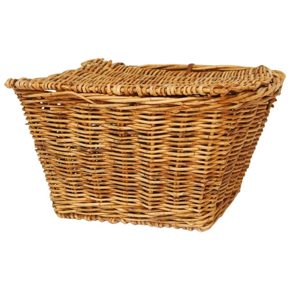 French Rattan Lidded Harvest Basket with Handles