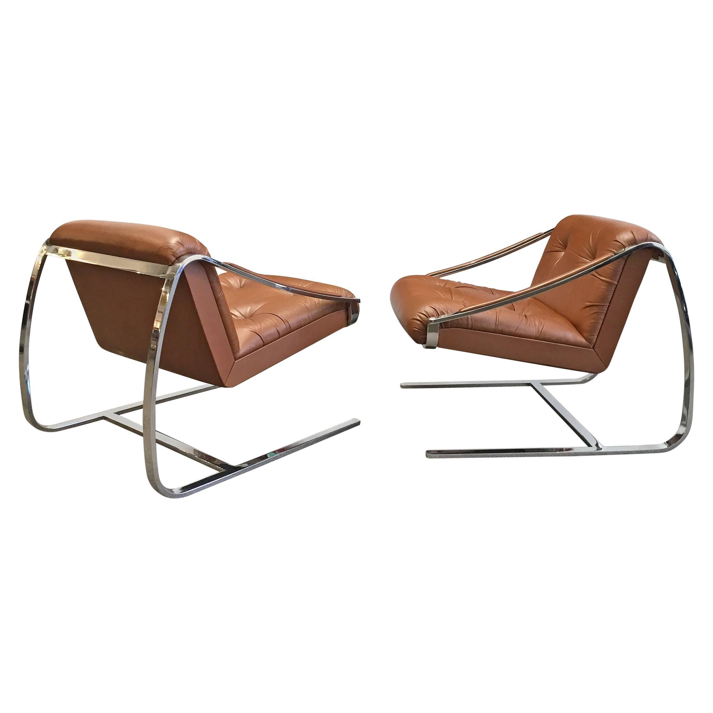 Lounge Chairs by Brueton 1970s Pair of Steel and Leather "Plaza" 