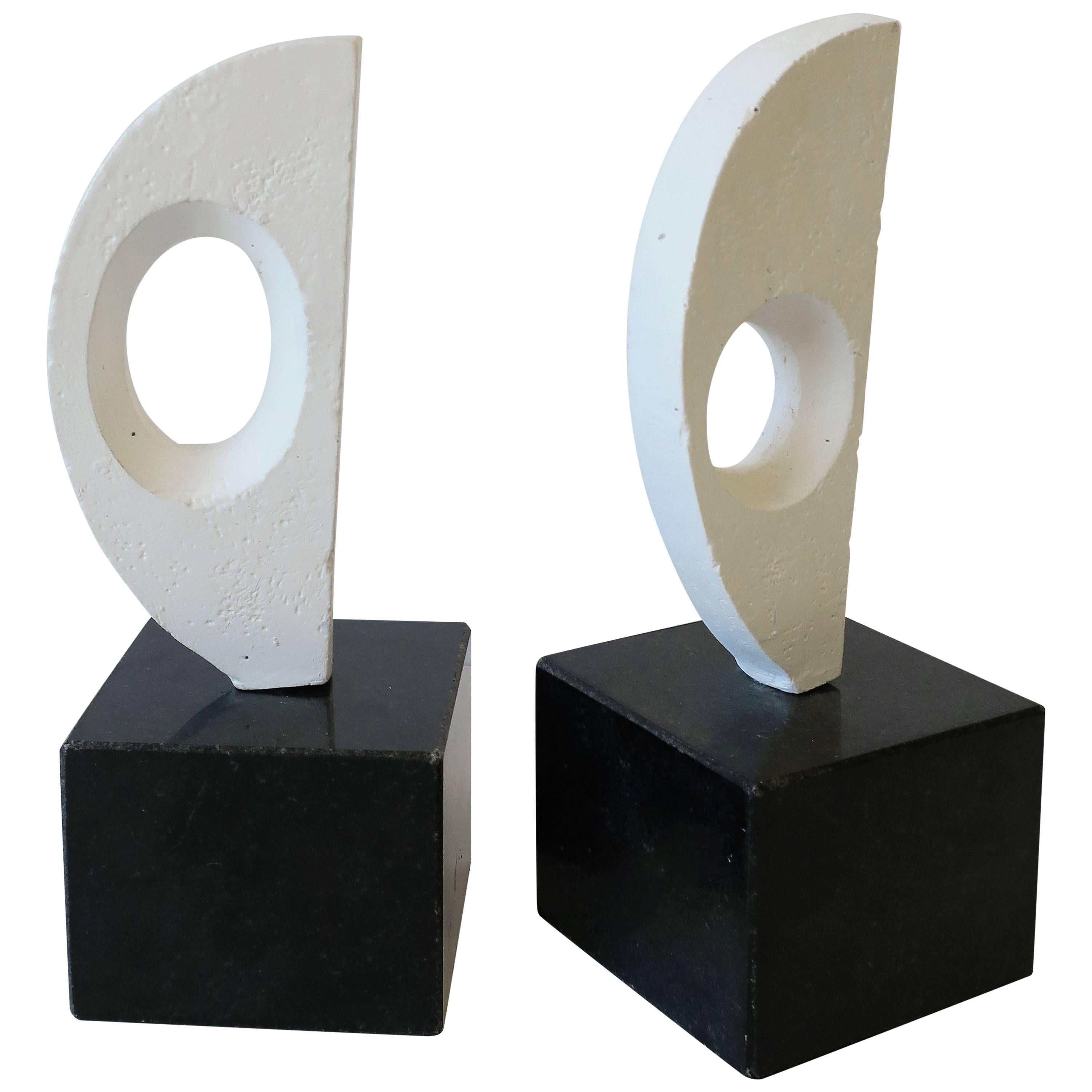 Pair of Black and White Abstract Sculpture Bookends on Marble Bases