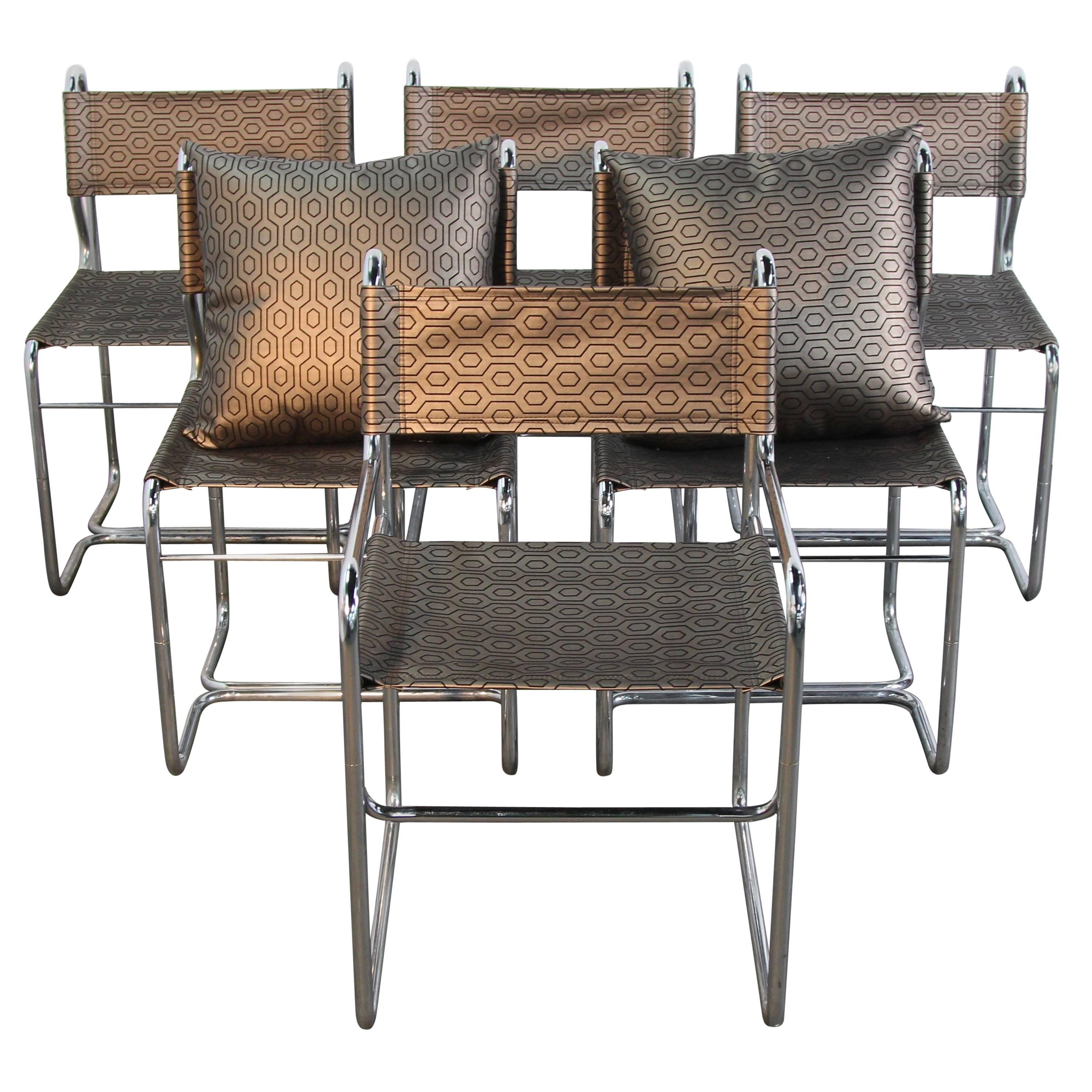 Set of Six Mid-Century Tubular Breuer Style Chrome Chairs For Sale