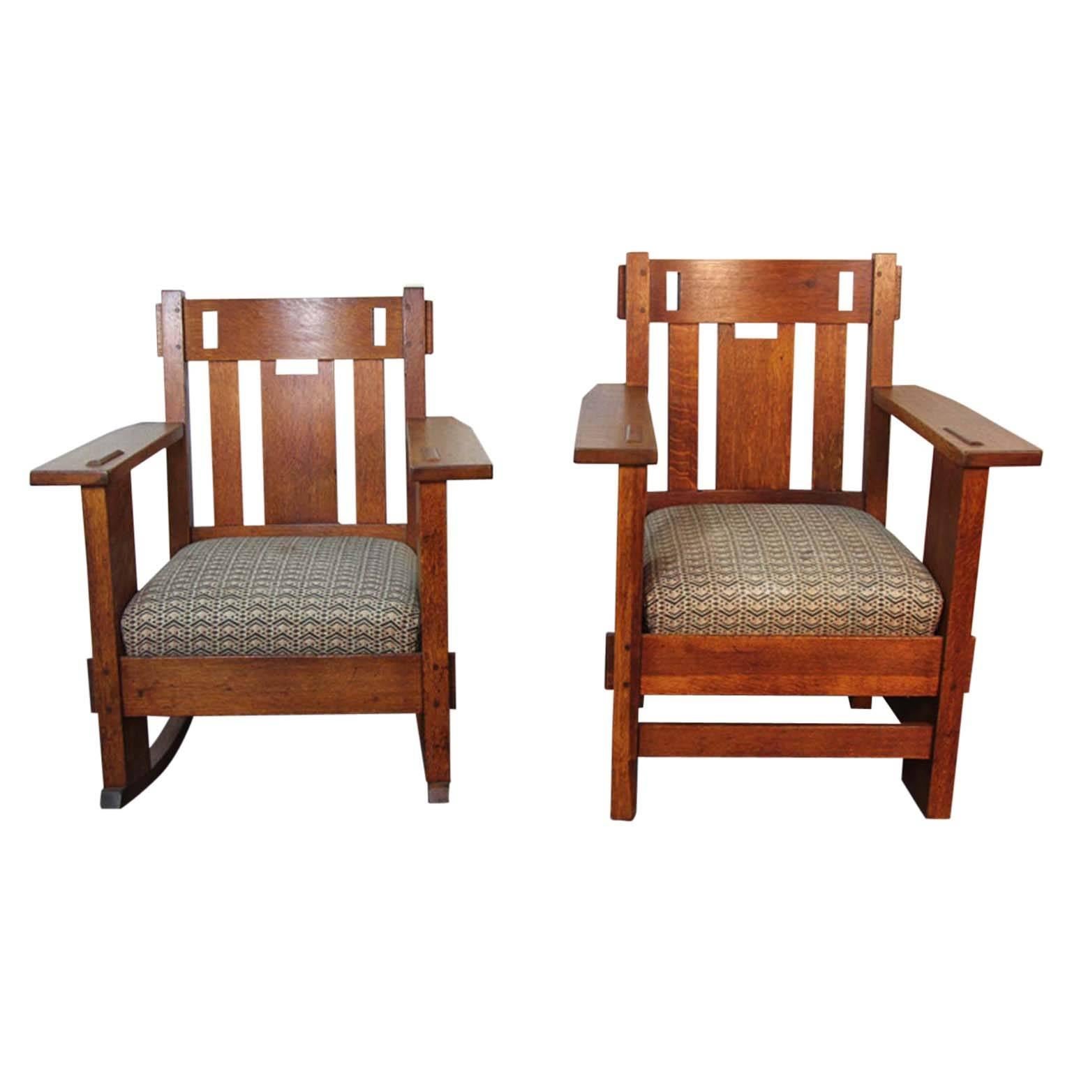 Pair of Gustav Stickley Armchair and Rocking with Frank Lloyd Wright Upholstery For Sale