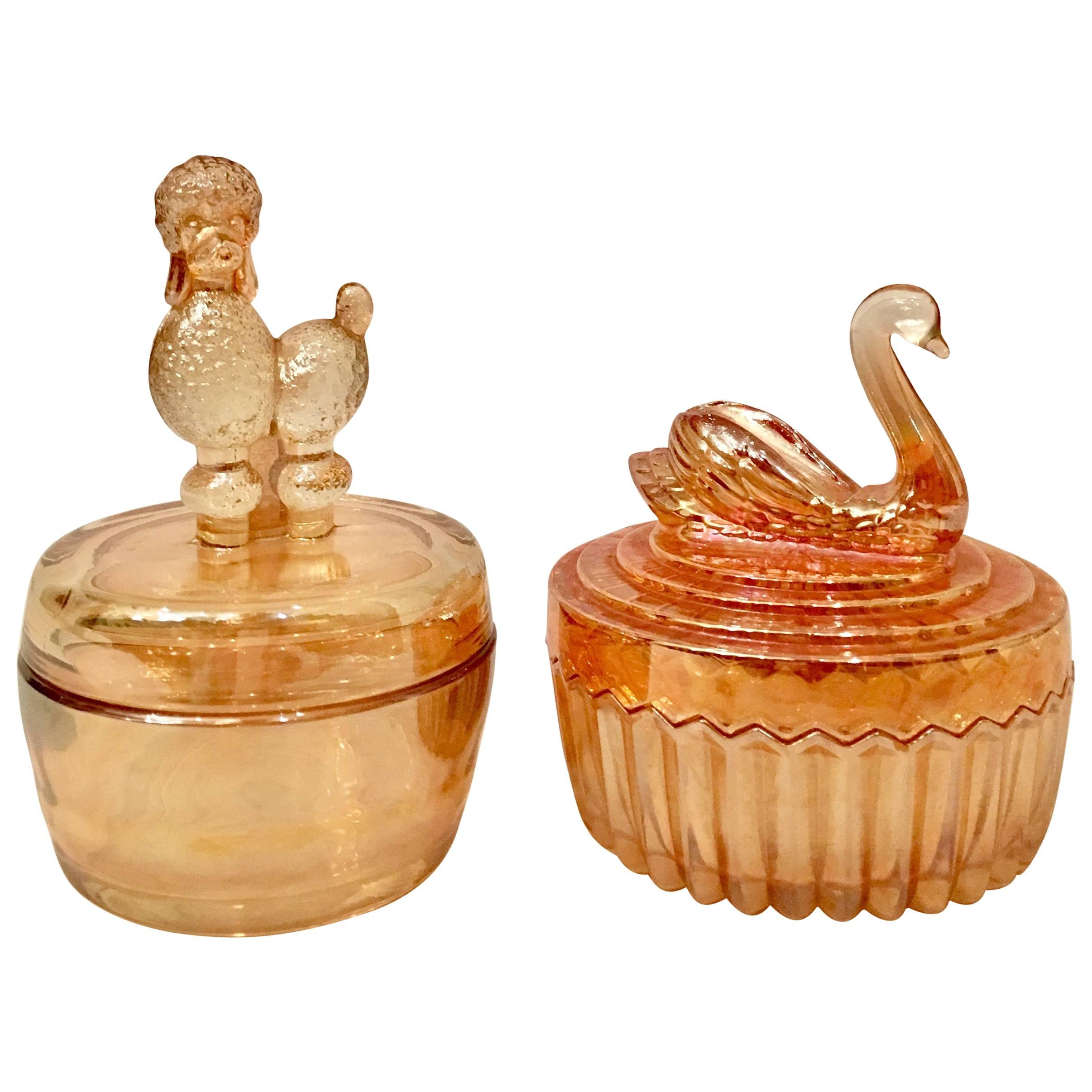 Pair of Vintage Peach Luster Glass Lidded Jars