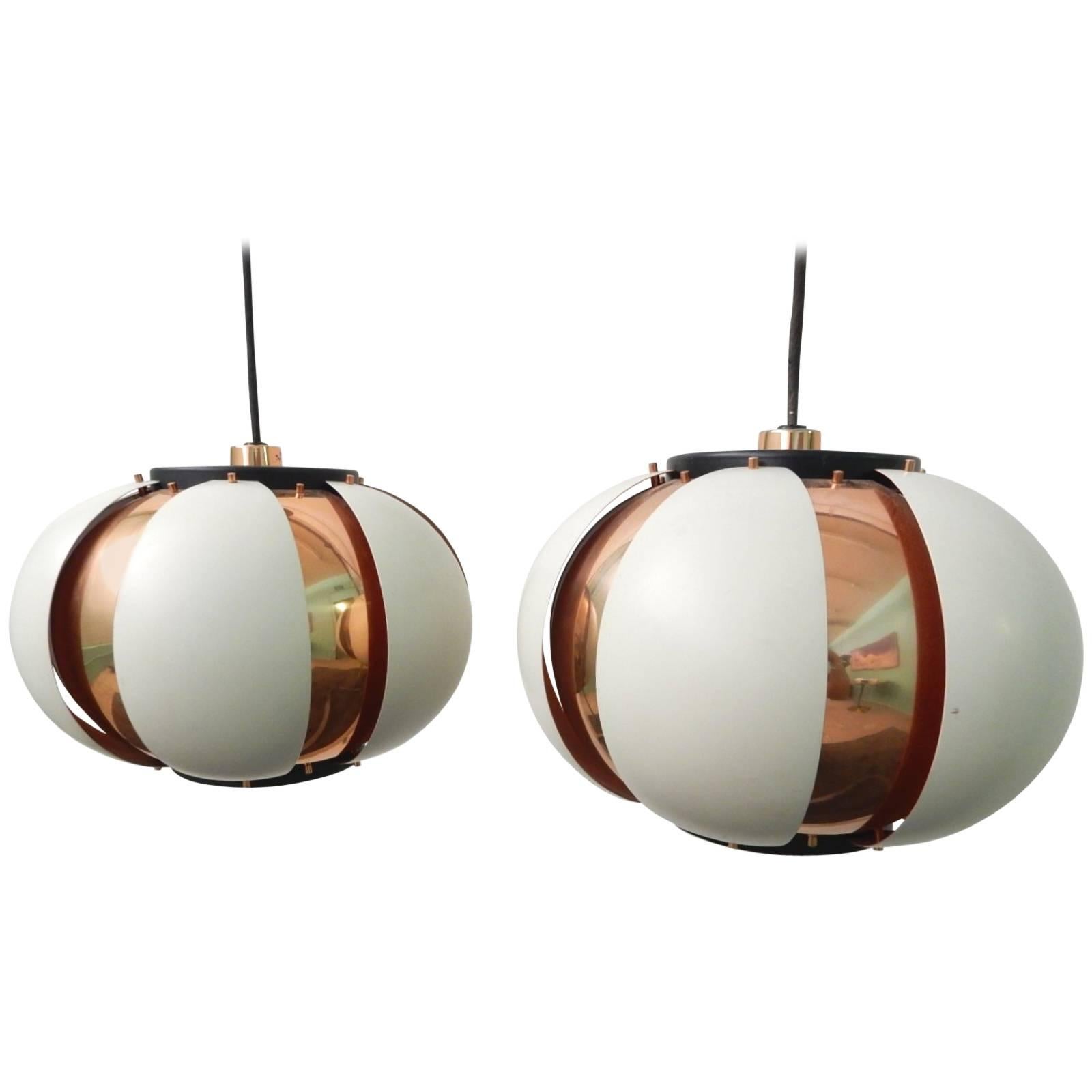 Pair of Mid-Century Louvered Copper Pendant Lamp