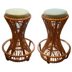 Beautiful Pair of Two Pierantonio Bonacina Bar Wicker Stools, circa 1960