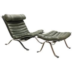 Arne Norell Ari Chair and Ottoman in Rare Green Leather, 1970s, Sweden
