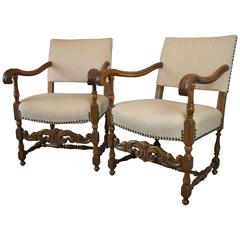 Pair of Oak Carolean Vintage Style Open Armchairs in Excellent Condition
