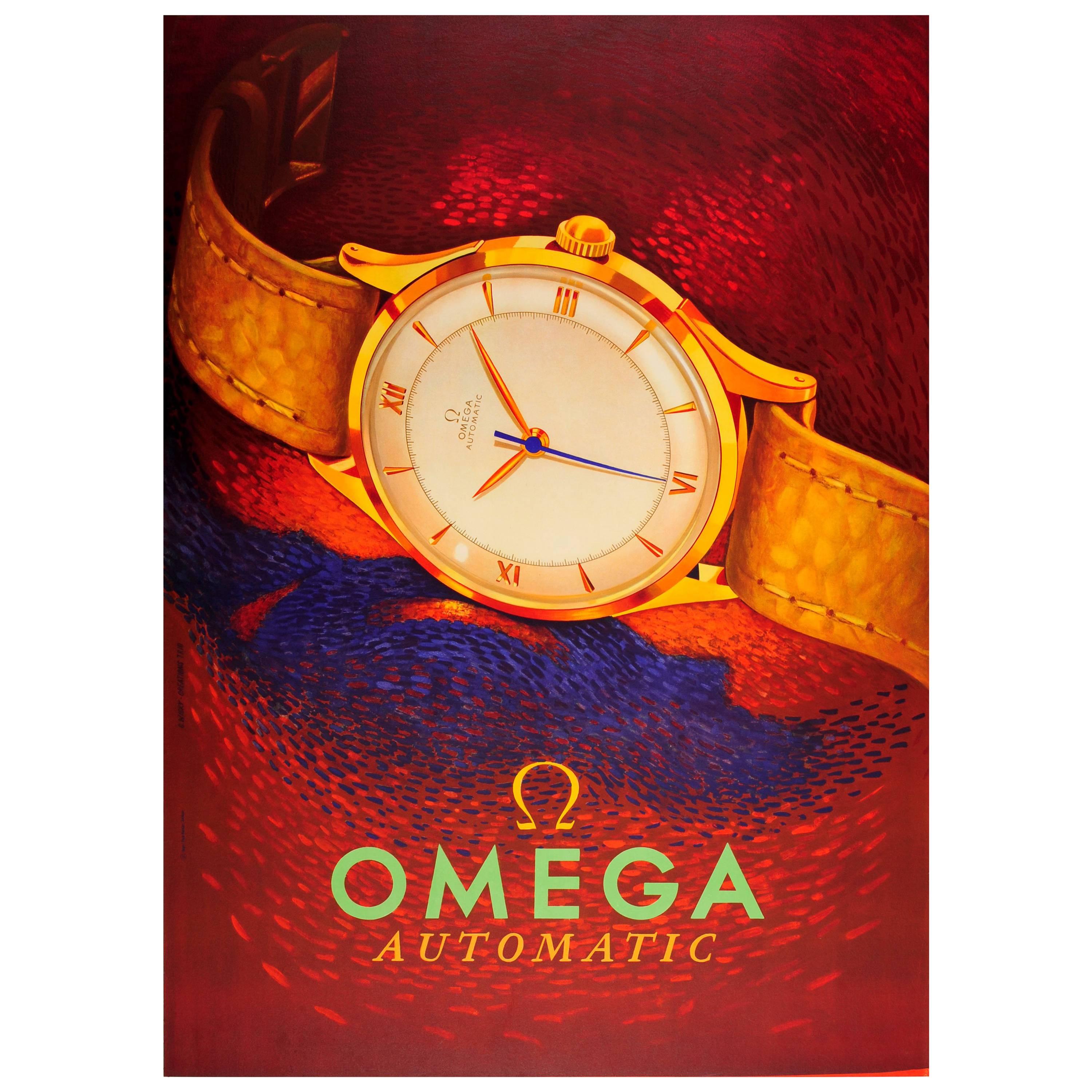 Original Vintage Swiss Watch Advertising Poster for Omega Automatic Watches