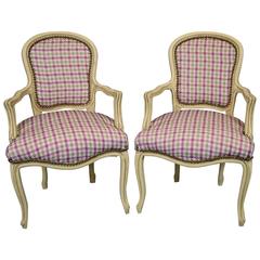 Pair of French Louis Antique Style Painted Open Fauteuil Armchairs