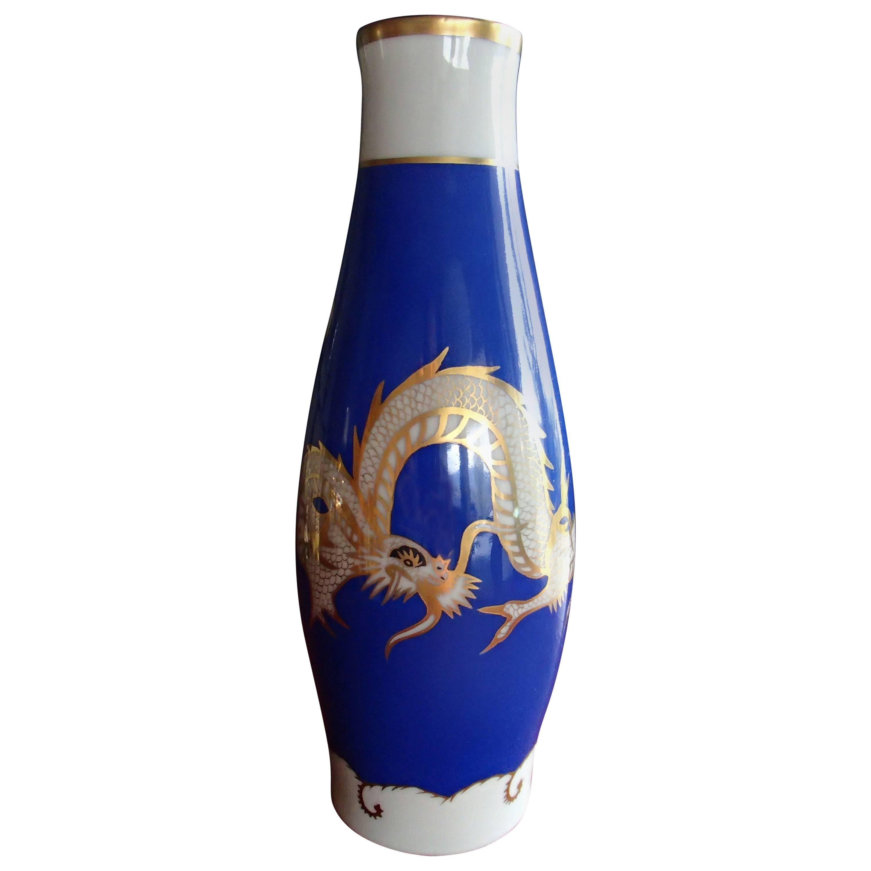 1930 Hand-Painted Cobalt Blue Gold White Porcelain Vase Fraureuth Saxony For Sale