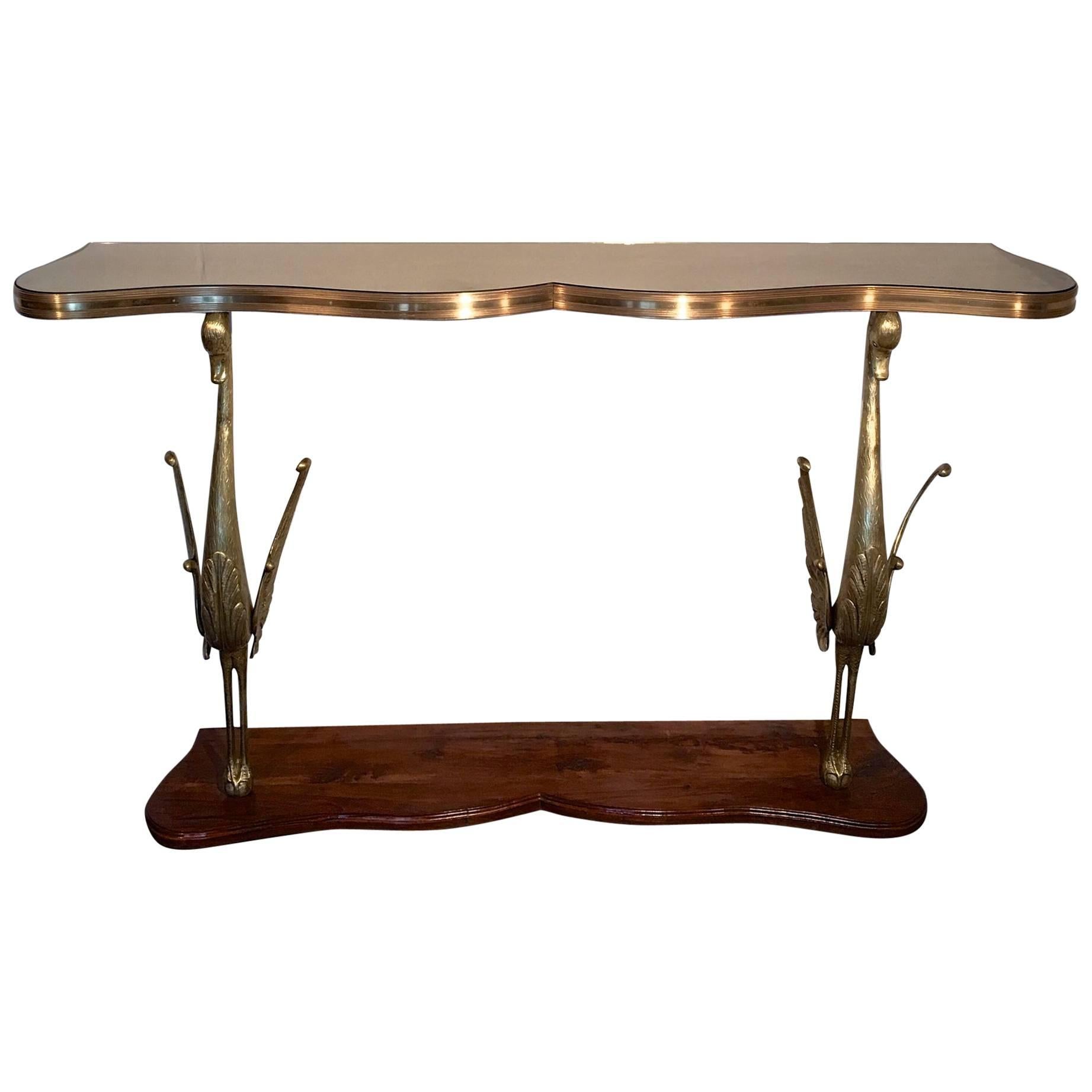 Sculptural Italian Console with Bronze Swans on Wooden Base For Sale