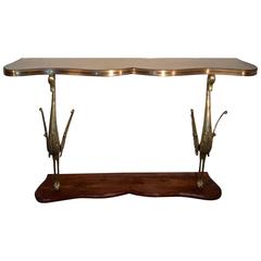 Sculptural Italian Console with Bronze Swans on Wooden Base