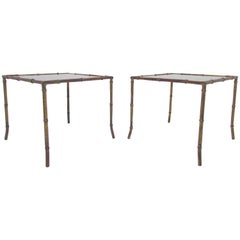 Pair of Hollywood Regency Gilded Faux Bamboo End Tables, Manner of Maison Bagues