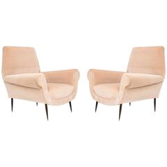 Pair of Pink Beige Velvet Italian Lounge Chairs Metal Legs, Mid-Century, 1950s