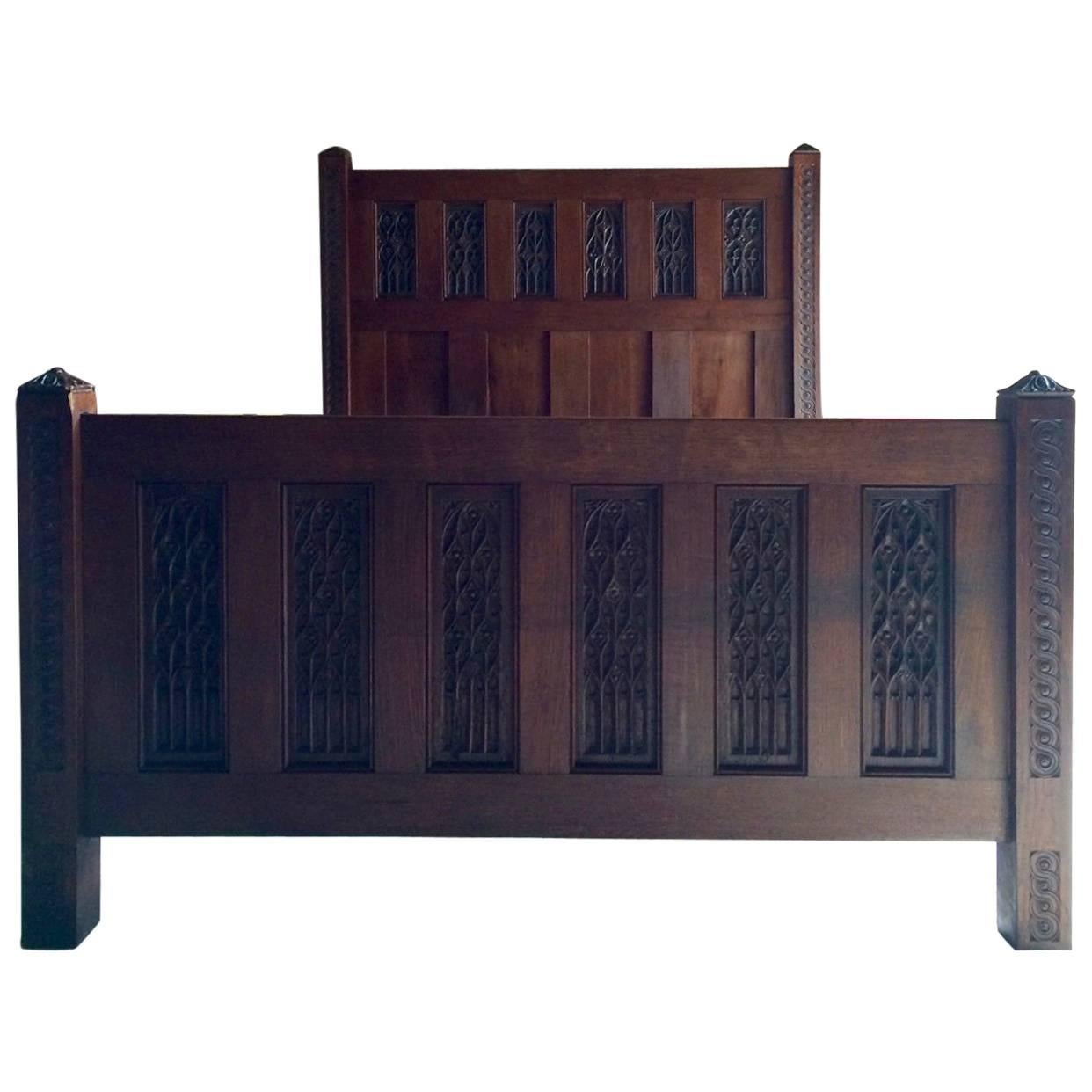 Antique King Size Double Bed Gothic Solid Oak Victorian, 19th Century