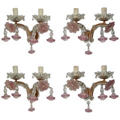 Set of Four French Pink Fuchsia Ribbon Murano Drops Sconces