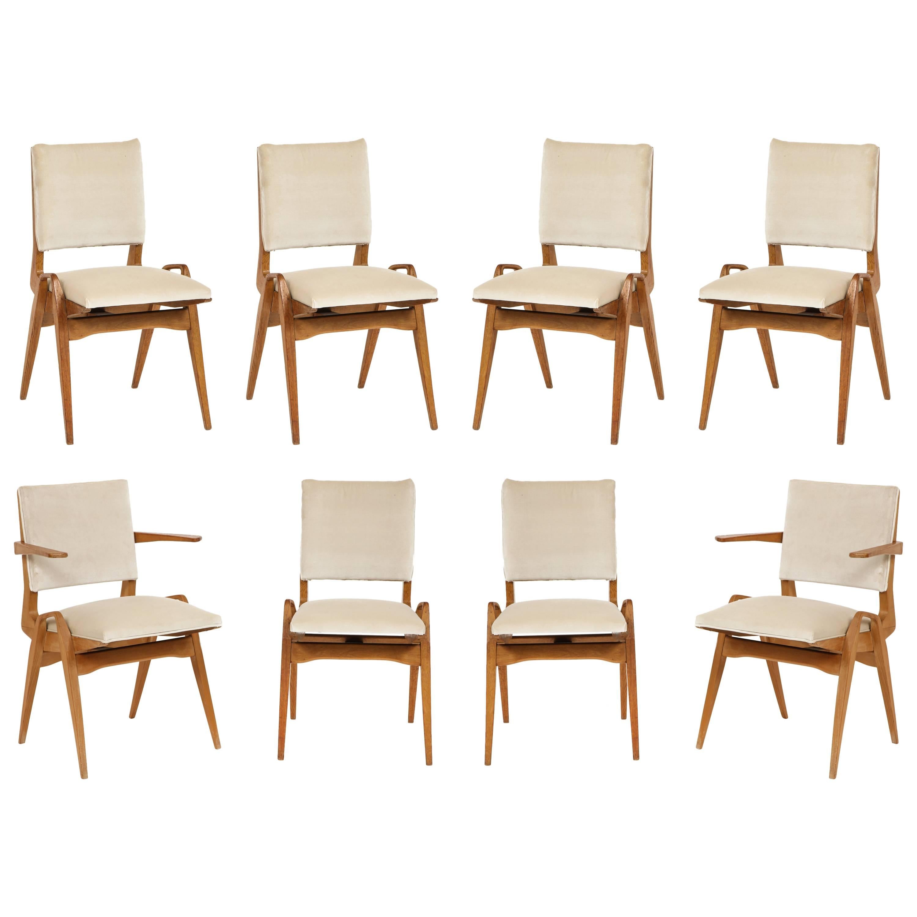 French Architectural Midcentury Dining Chairs White Velvet Wood Maurice Pre 1950