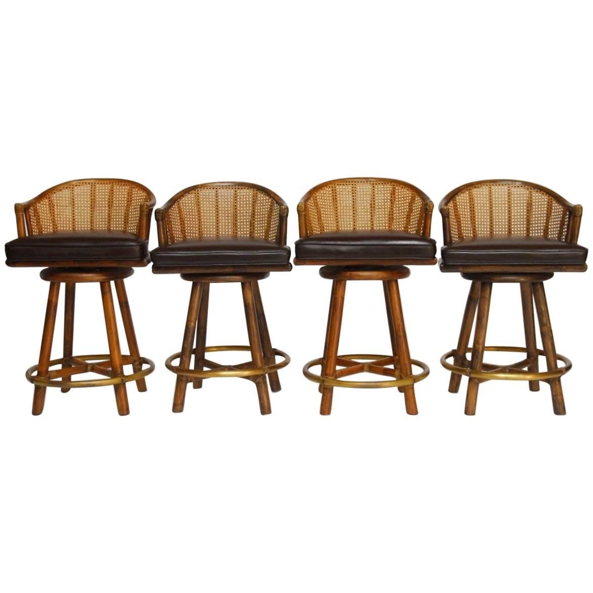 Set of Four McGuire Bamboo and Cane Swivel Barstools