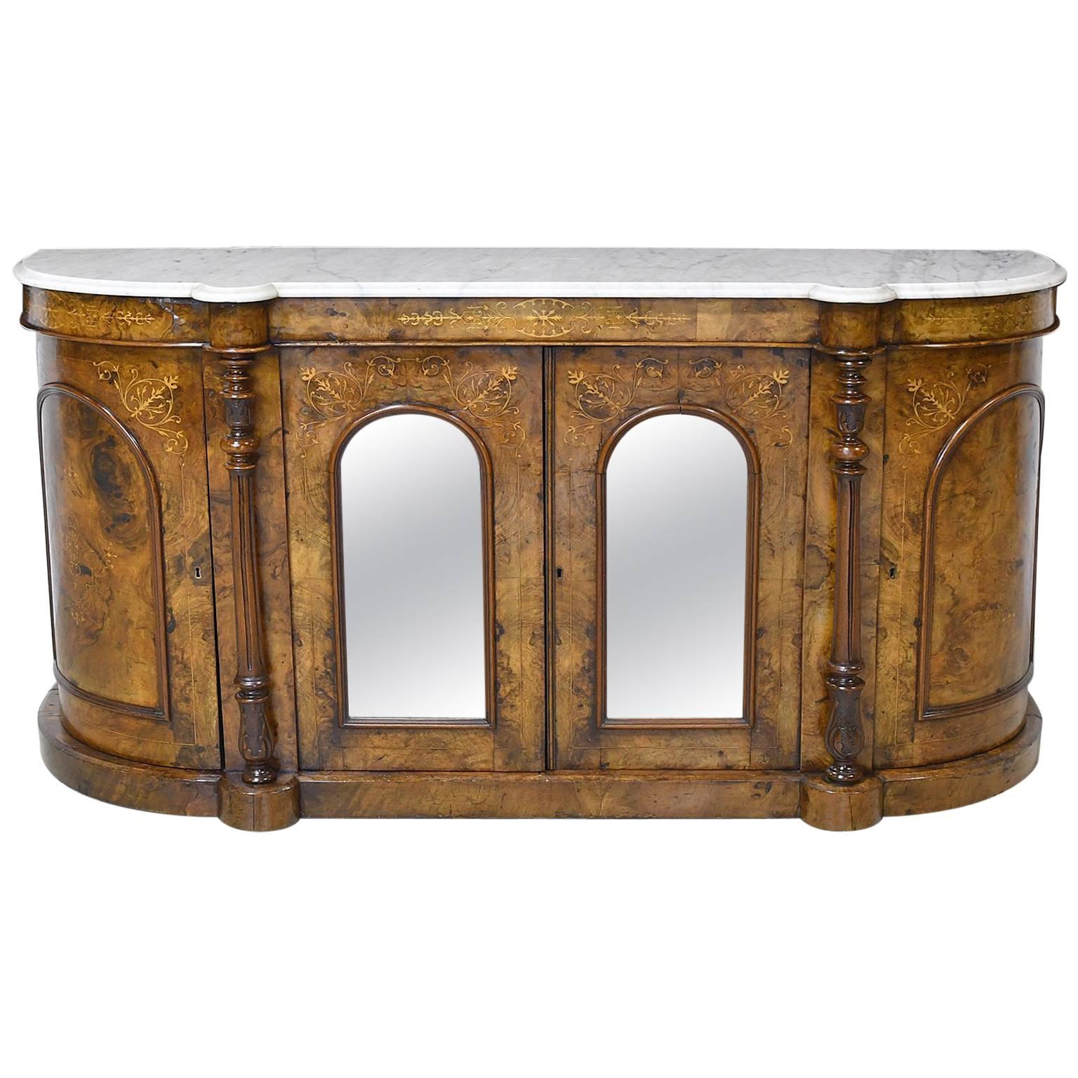 19th Century English Sideboard in Burl Walnut with Marquetry withMarble Top