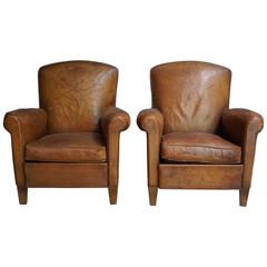 Pair of French Cognac Leather Club Chairs, 1940s