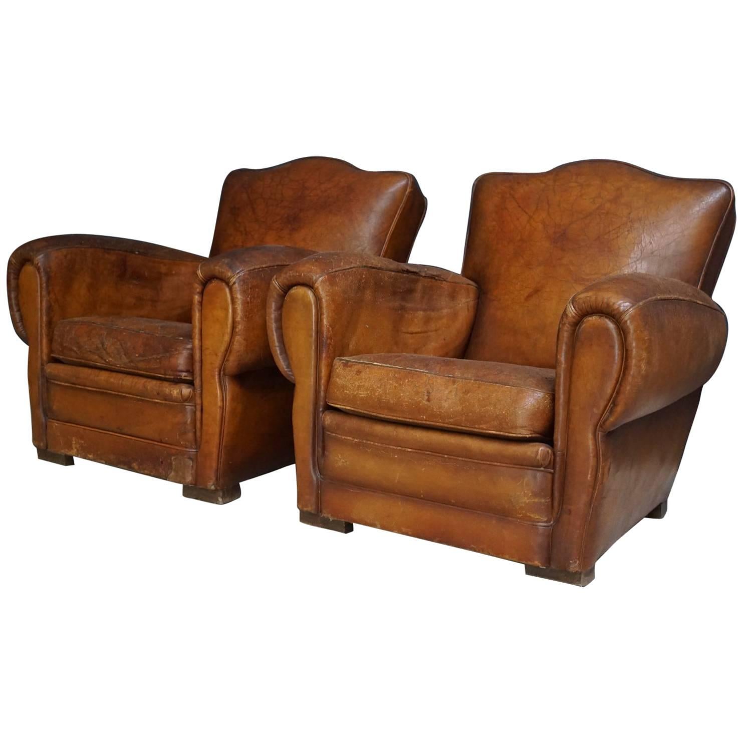 Pair of French Cognac Leather Club Chairs, 1940s