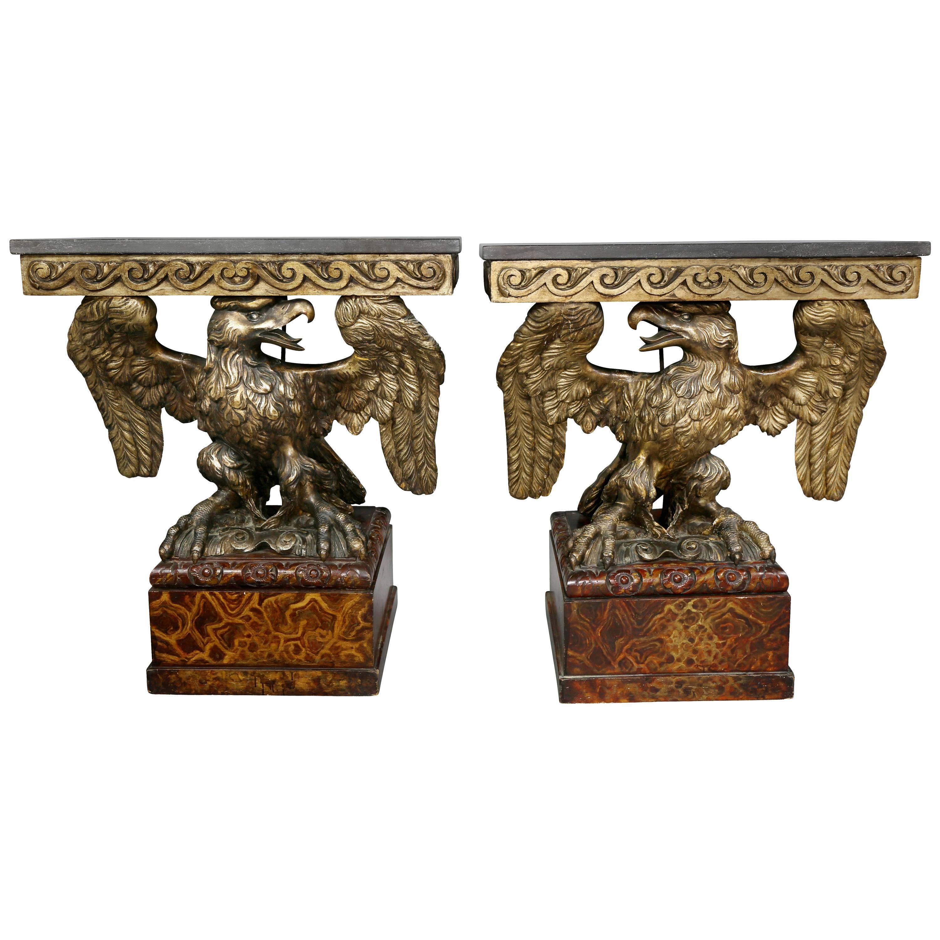 Pair of George II Style Giltwood and Grey Marble Eagle Console Tables