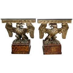 Pair of George II Style Giltwood and Grey Marble Eagle Console Tables