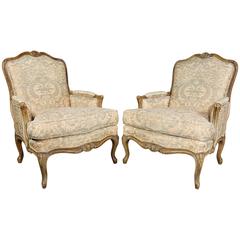 Pair of Louis XV Style Fortuny Upholstered Bergeres