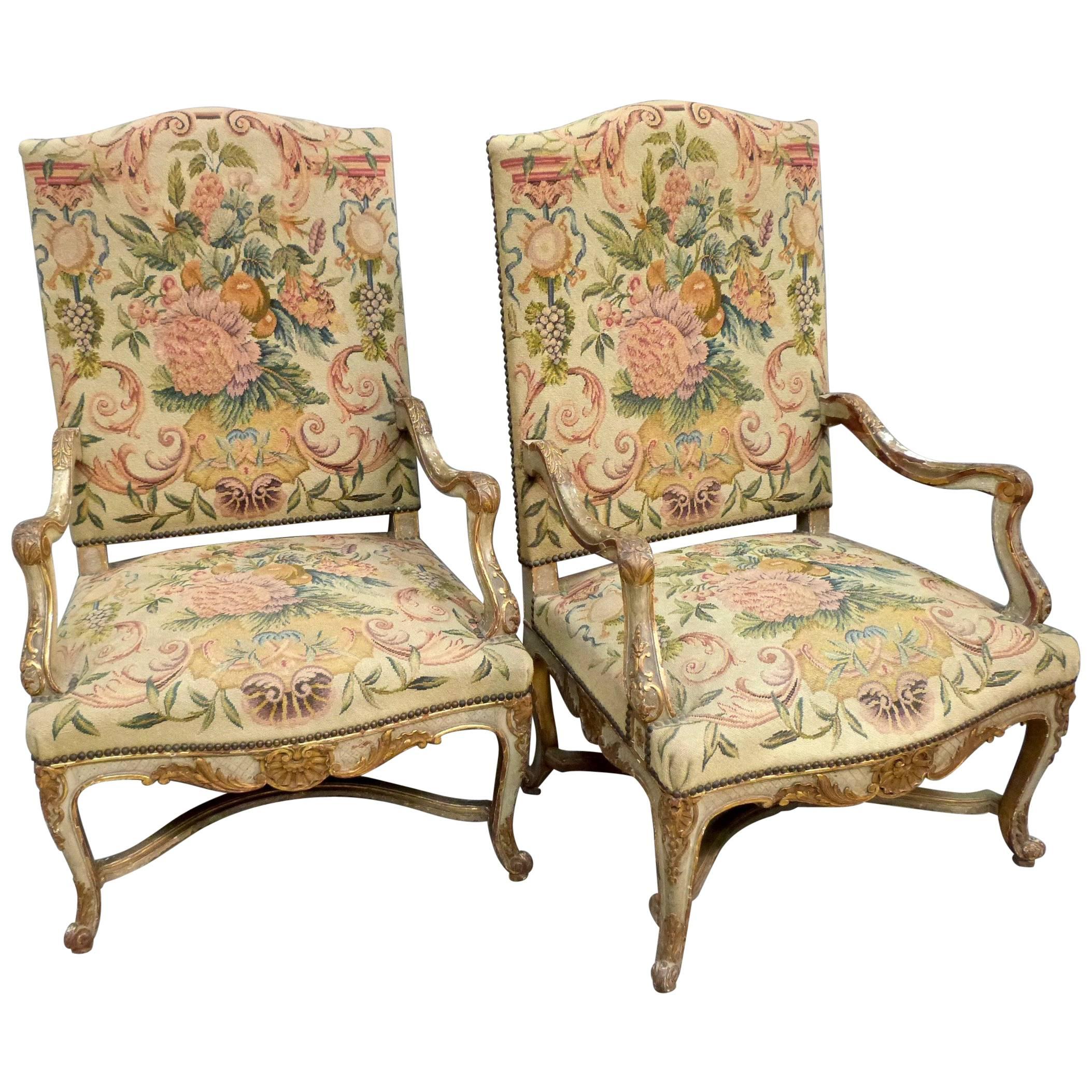 Pair of 19th Century French Painted and Gilt Armchairs For Sale