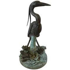 Vintage Patinated Bronze Sculpture and Fountain of a Heron, Artist Signed