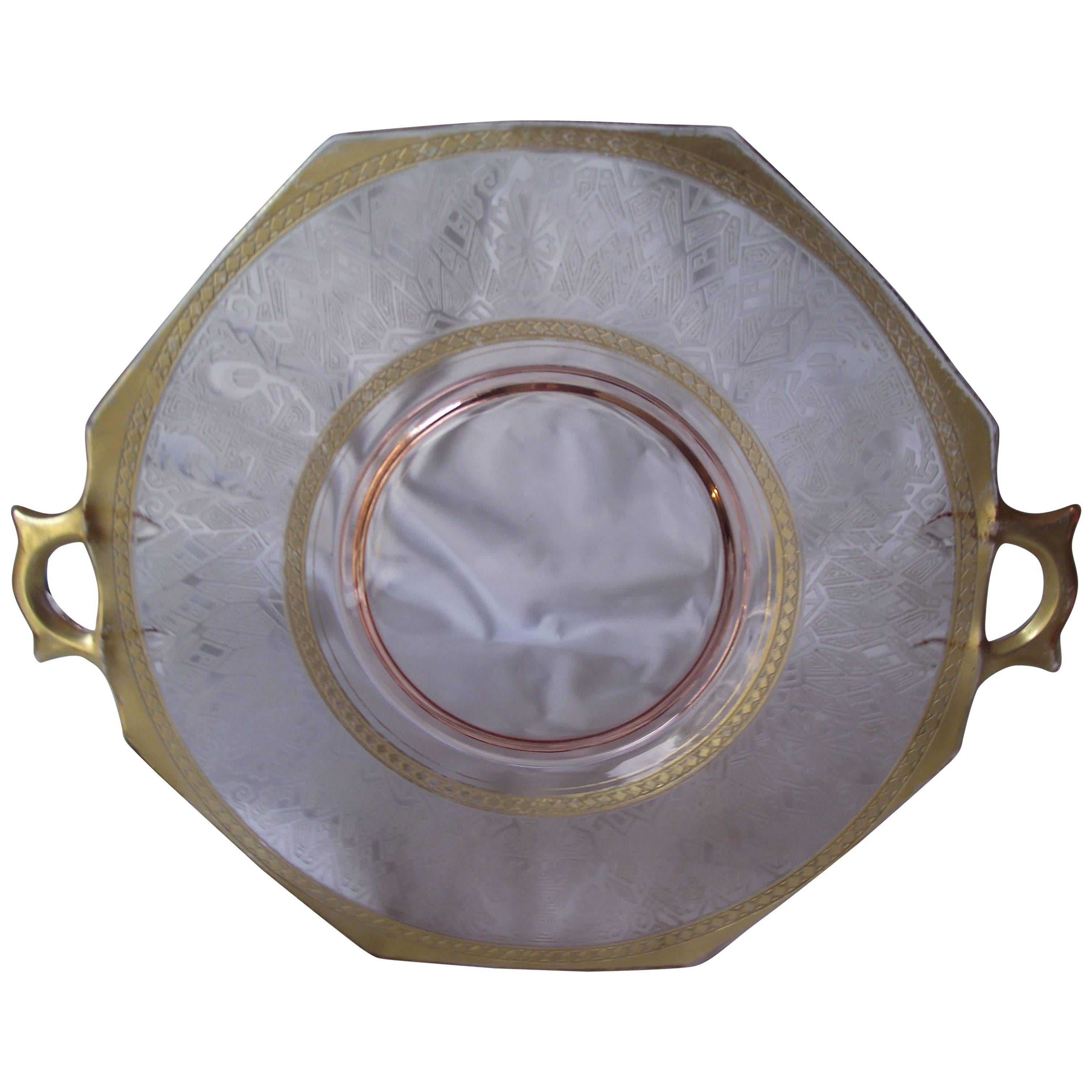 Art Deco Plate, Serving Plate with Handles, Pink Depression Glass with Gold Trim For Sale