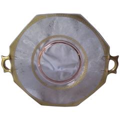Art Deco Plate, Serving Plate with Handles, Pink Depression Glass with Gold Trim
