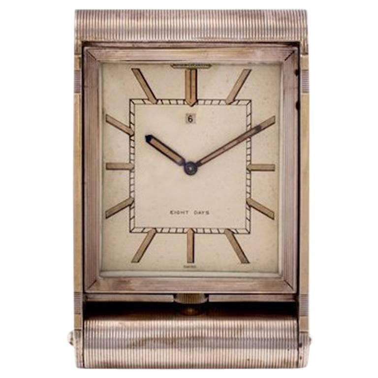 Art Deco Sterling Silver and Gold Asprey Jaeger Lecoultre 8 Day Travel Clock For Sale