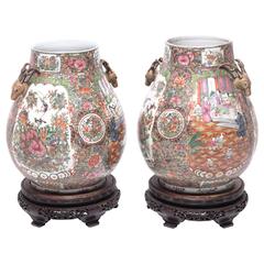 Antique Pair of Chinese Famille Rose Hu Vases