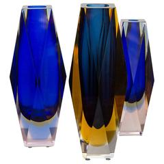 Set of Three Murano Glass Vases by Sommerso, Murano, circa 1970