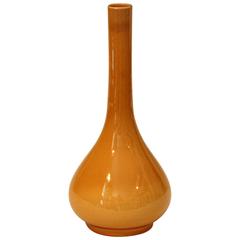 Antique Awaji Pottery Long Neck Point Bottle Vase in Amber Yellow Crackle Glaze