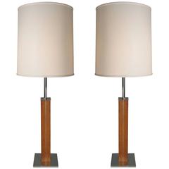 Pair of Large Vintage 1960s Teak and Steel Lamps by Nessen