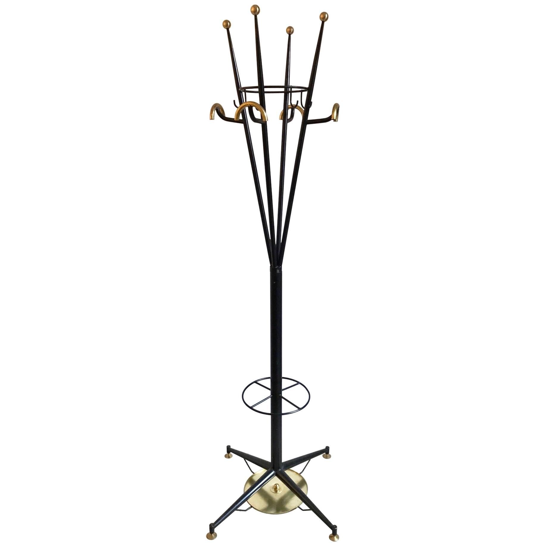 1980s Italian Modern Black Lacquered and Gold Brass Coat Rack or Umbrella Stand