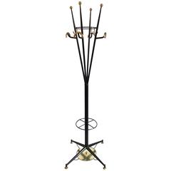 Vintage 1980s Italian Modern Black Lacquered and Gold Brass Coat Rack or Umbrella Stand