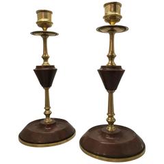 Vintage Pair of French Red Marble and Brass Candle Sticks