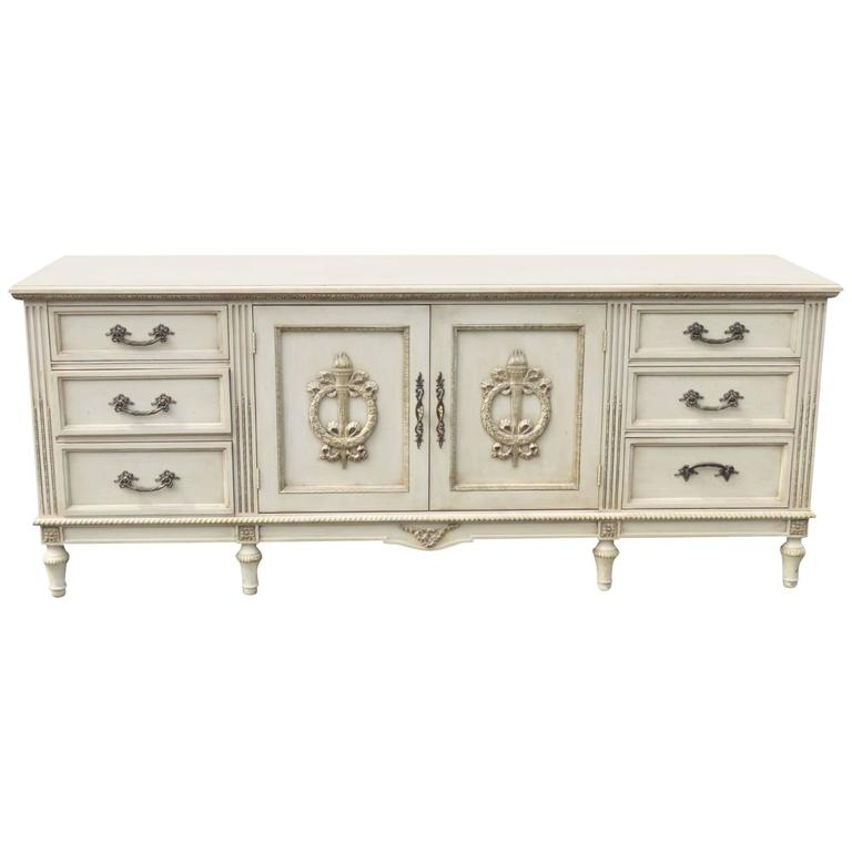 Davis Swedish Style Distressed Cream Painted Carved Sideboard at