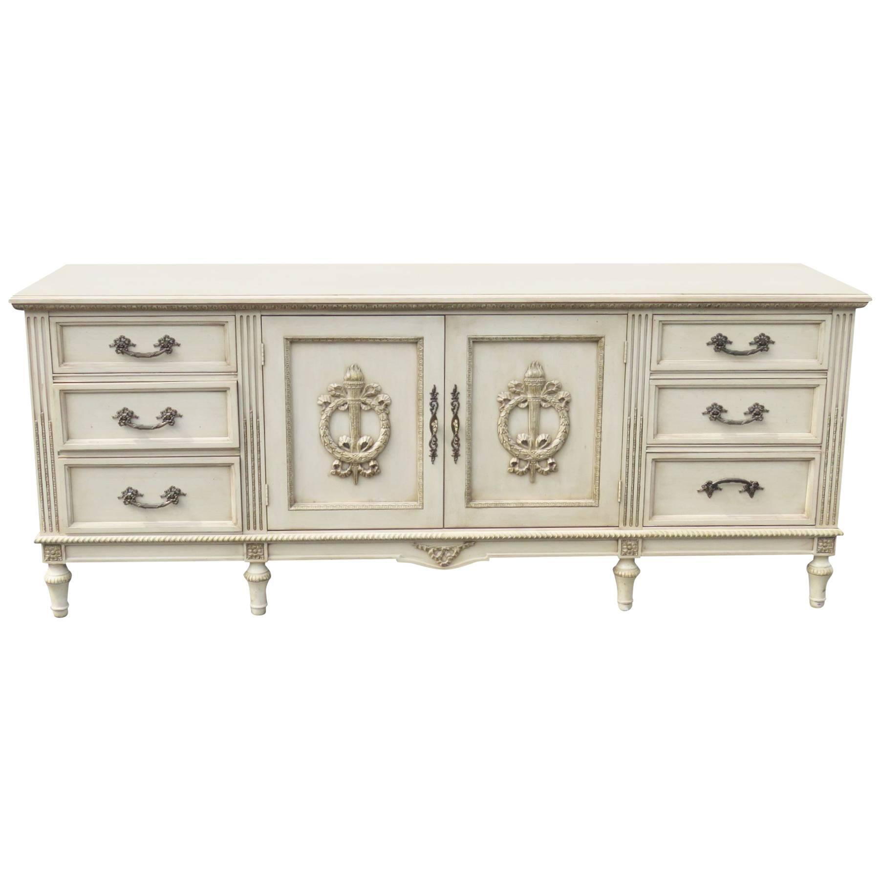 Davis Swedish Style Distressed Cream Painted Carved Sideboard