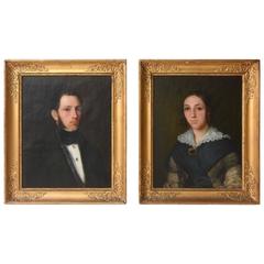 Pair of Antique Portraits, Connecticut circa 1840, Original Frames